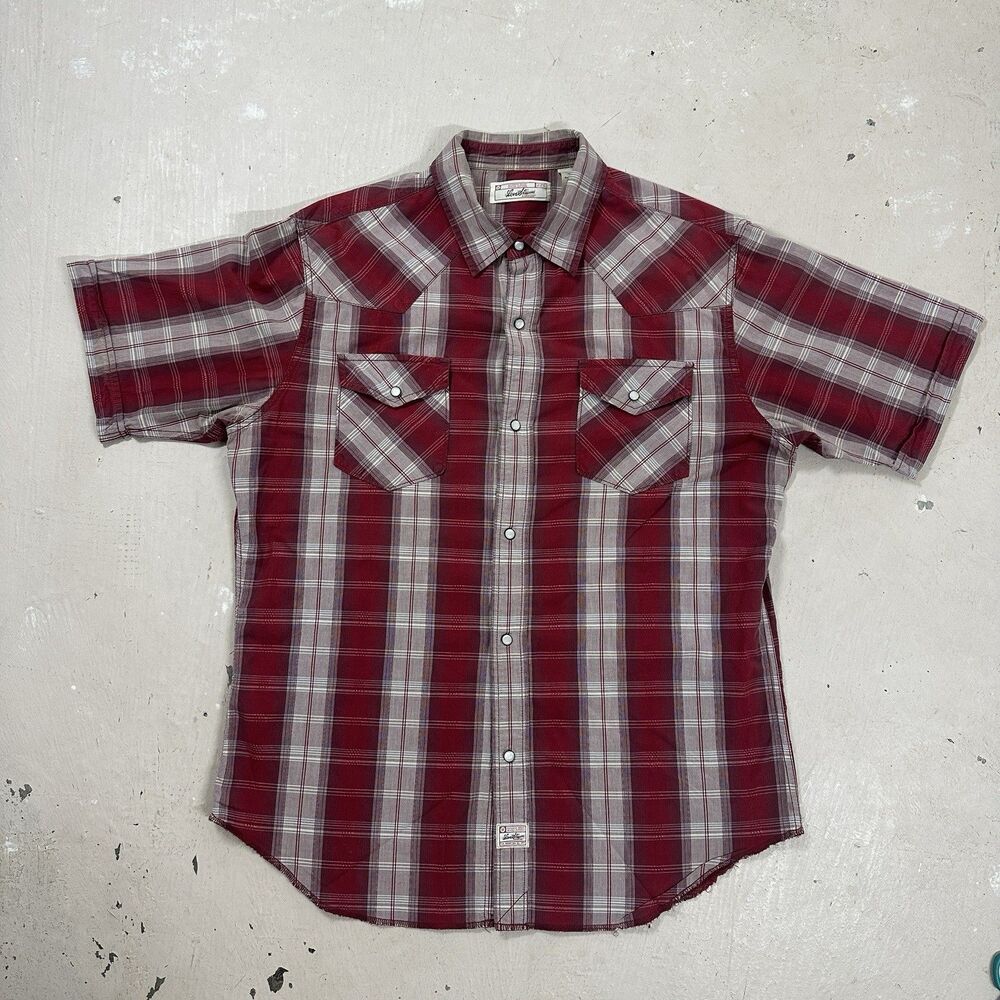 Levi’s Shirt Mens Large Red Western Style Button Up Plaid White pockets READ